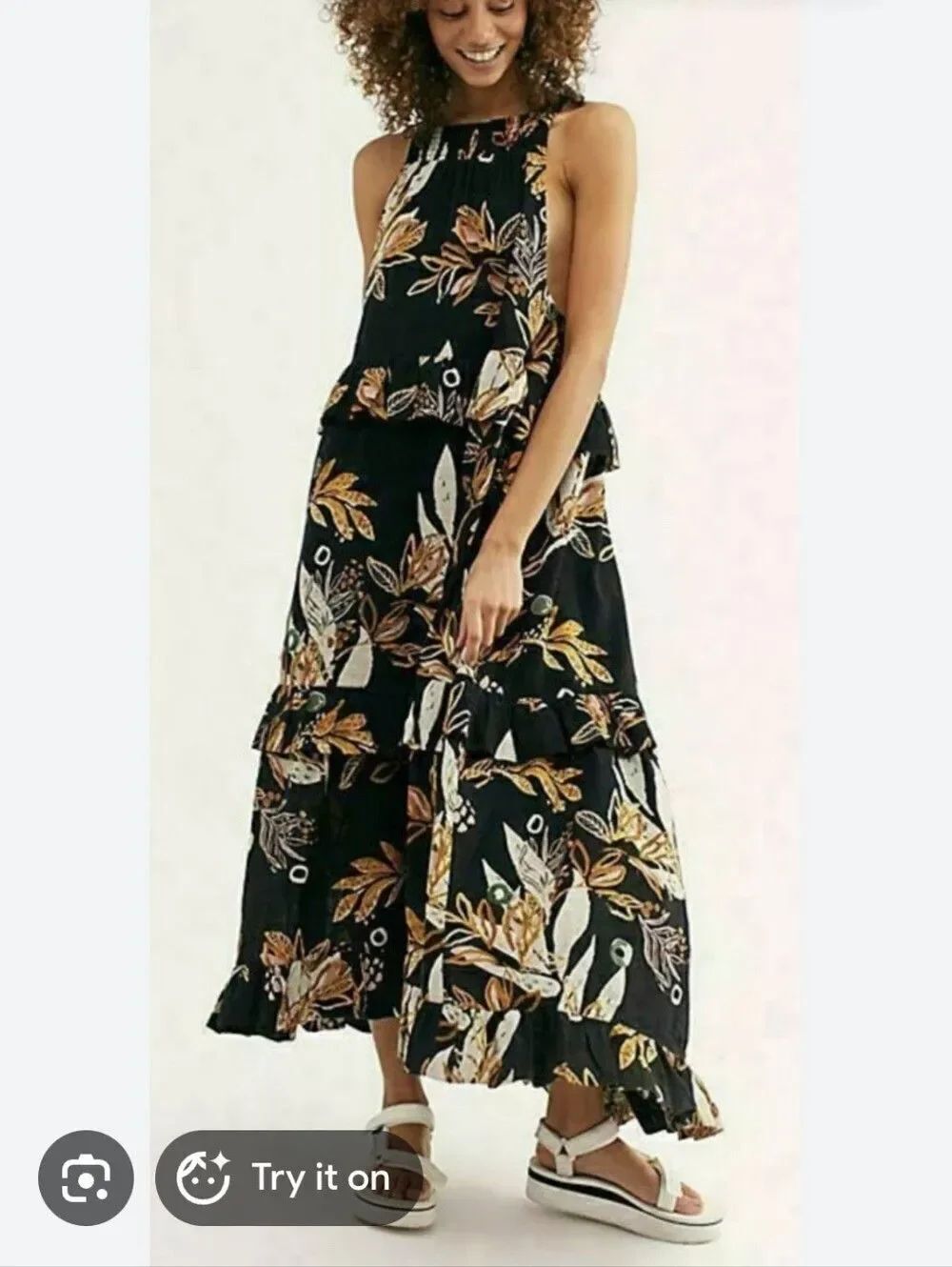 Free People Anita Black Tiered Maxi Dress with Leaf Print